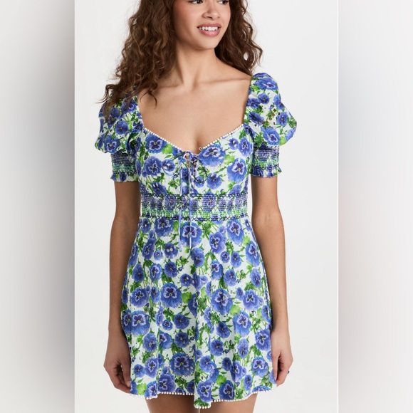 ALICE + OLIVIA Crawford Sweetheart Mini Dress Blue Floral Ruffle Eyelet - Picture 3 of 7